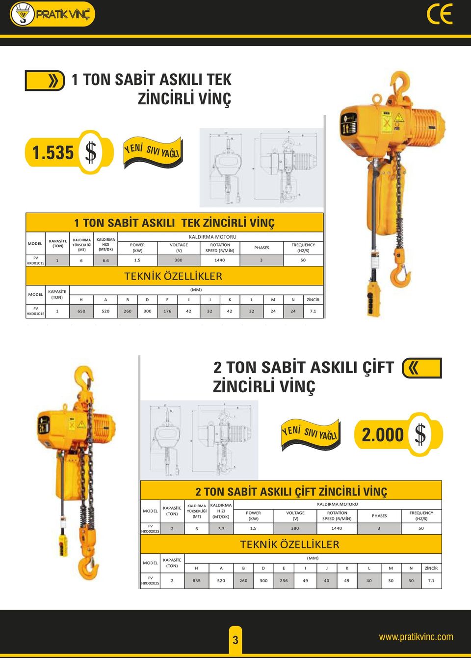 TEK ZİNCİRLİ VİNÇ YÜKSEKLİĞİ (MT) HIZI (MT/DK) MOTORU 2 TON