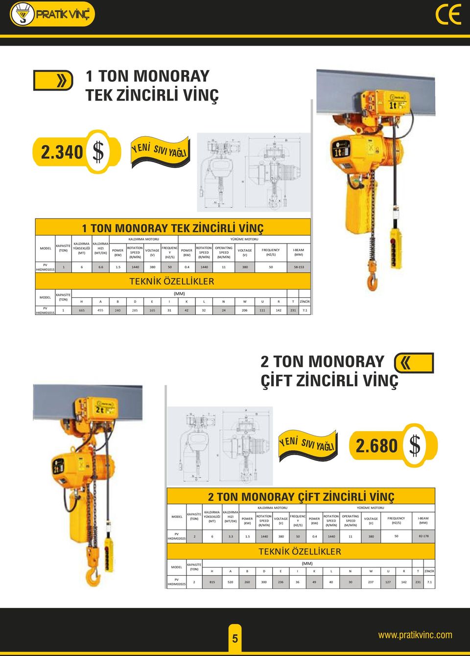 VİNÇ 665 455 240 285 165 2 TON MONORAY ÇİFT