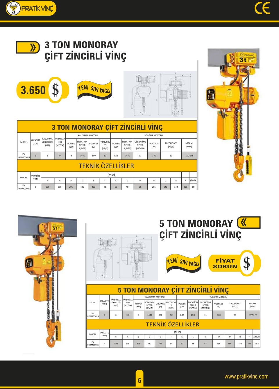 ZİNCİRLİ VİNÇ 5 TON MONORAY ÇİFT ZİNCİRLİ