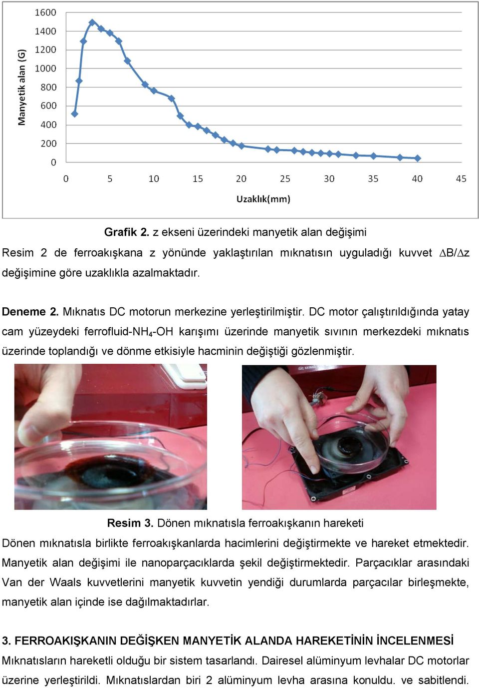 DC motor çalıştırıldığında yatay cam yüzeydeki ferrofluid-nh 4 -OH karışımı üzerinde manyetik sıvının merkezdeki mıknatıs üzerinde toplandığı ve dönme etkisiyle hacminin değiştiği gözlenmiştir.