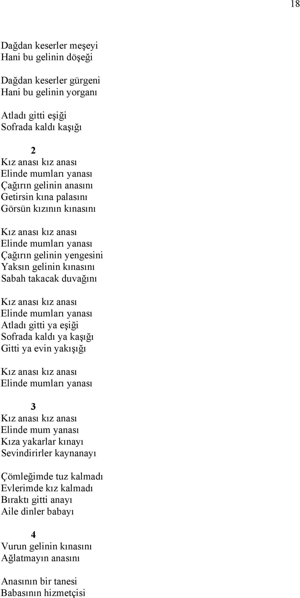 anası Elinde mumları yanası Atladı gitti ya eşiği Sofrada kaldı ya kaşığı Gitti ya evin yakışığı Kız anası kız anası Elinde mumları yanası 3 Kız anası kız anası Elinde mum yanası Kıza yakarlar