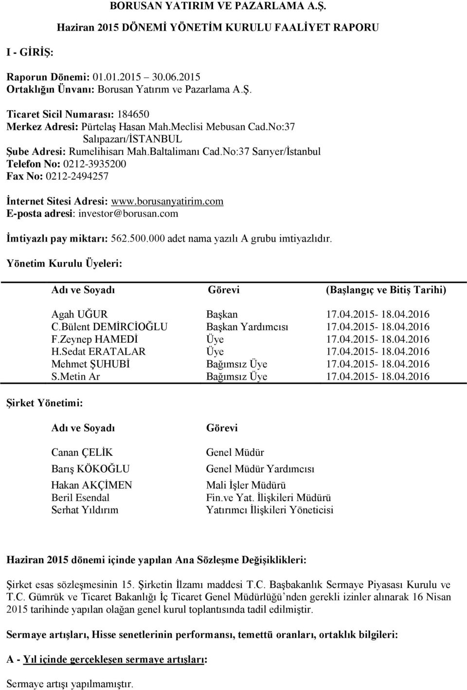 borusanyatirim.com E-posta adresi: investor@borusan.com İmtiyazlı pay miktarı: 562.500.000 adet nama yazılı A grubu imtiyazlıdır.