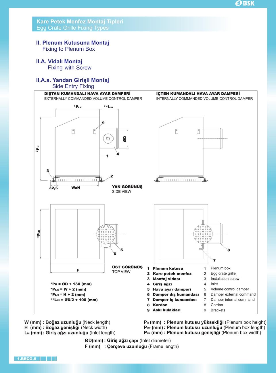 *PLH = H + 2 (mm) **LIN = ØD/2 + 100 (mm) 1 2 3 4 5 6 7 8 9 Plenum kutusu Kare petek menfez Montaj vidasý Giriþ aðzý Hava ayar damperi Damper dýþ kumandasý Damper iç kumandasý Kordon Aský kulaklarý 1