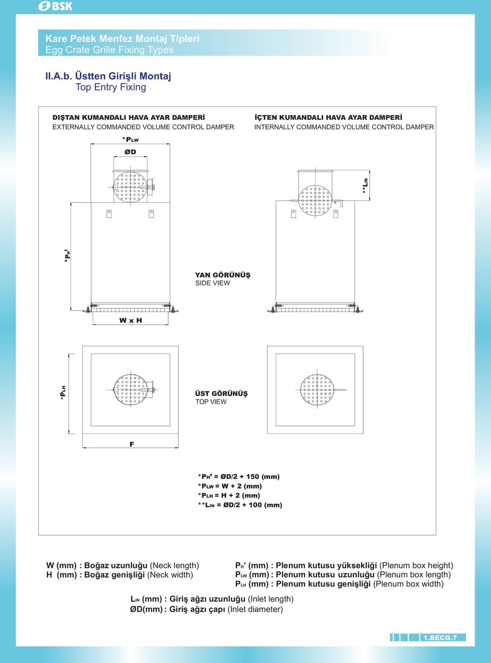 DAMPER *PLW ØD *PH **LIN YAN GÖRÜNÜÞ SIDE VIEW W x H *PLH ÜST GÖRÜNÜÞ TOP VIEW F *PH = ØD /2 + 150 (mm) *PLW = W + 2 (mm) *PLH = H + 2 (mm) **LIN = ØD/2 + 100 (mm) W (mm) : Boðaz uzunluðu