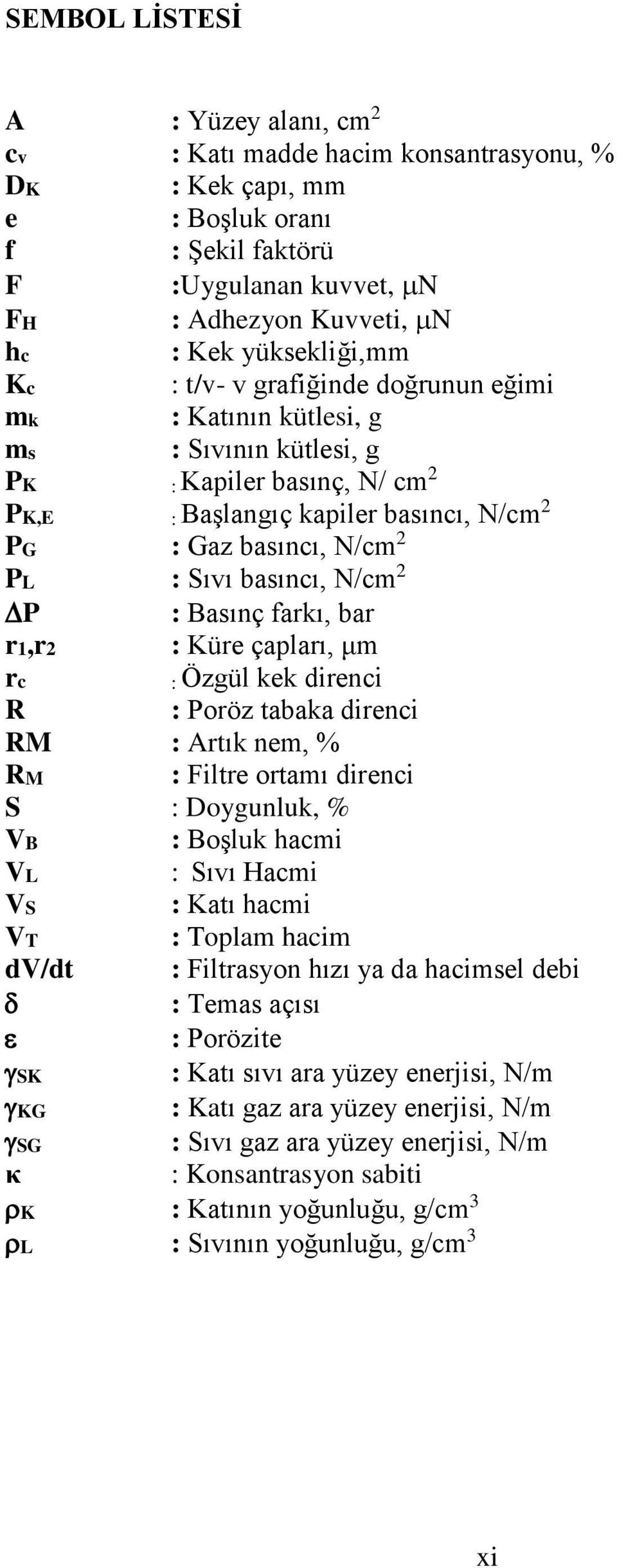 Sıvı basıncı, N/cm 2 P : Basınç farkı, bar r1,r2 : Küre çapları, μm rc : Özgül kek direnci R : Poröz tabaka direnci RM : Artık nem, % RM : Filtre ortamı direnci S : Doygunluk, % VB : Boşluk hacmi VL