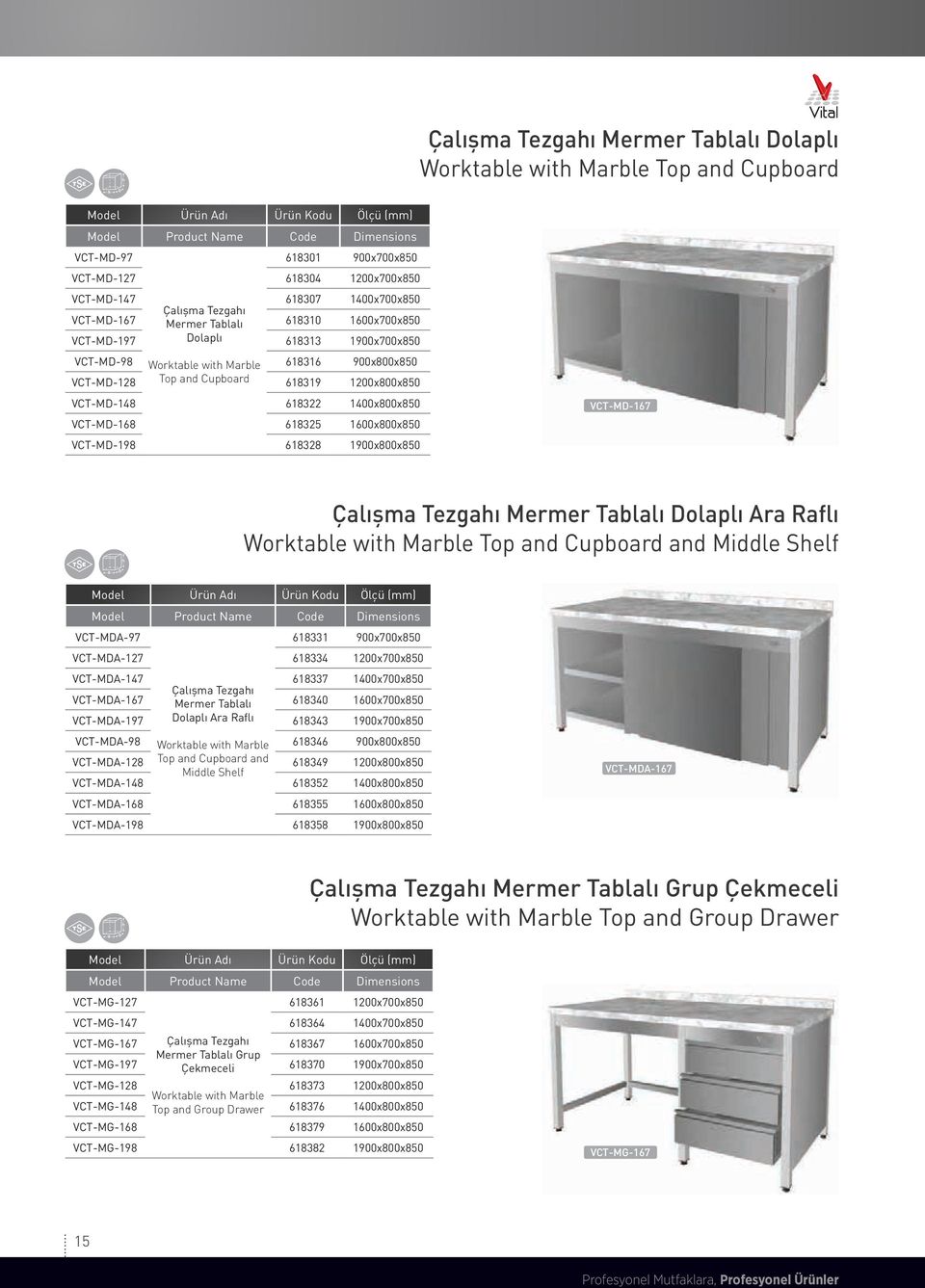 1400x800x850 VCT-MD-168 618325 1600x800x850 VCT-MD-198 618328 1900x800x850 VCT-MD-167 Çalışma Tezgahı Mermer Tablalı Dolaplı Ara Raflı Worktable with Marble Top and Cupboard and Middle Shelf