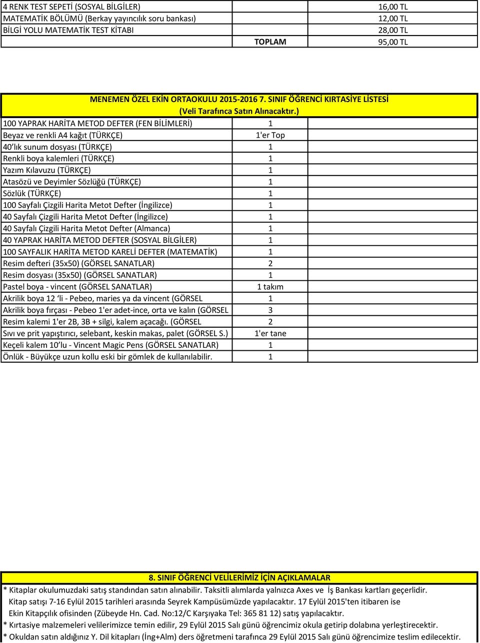 ) 100 YAPRAK HARİTA METOD DEFTER (FEN BİLİMLERİ) 1 Beyaz ve renkli A4 kağıt (TÜRKÇE) 1'er Top 40 lık sunum dosyası (TÜRKÇE) 1 Renkli boya kalemleri (TÜRKÇE) 1 Yazım Kılavuzu (TÜRKÇE) 1 Atasözü ve