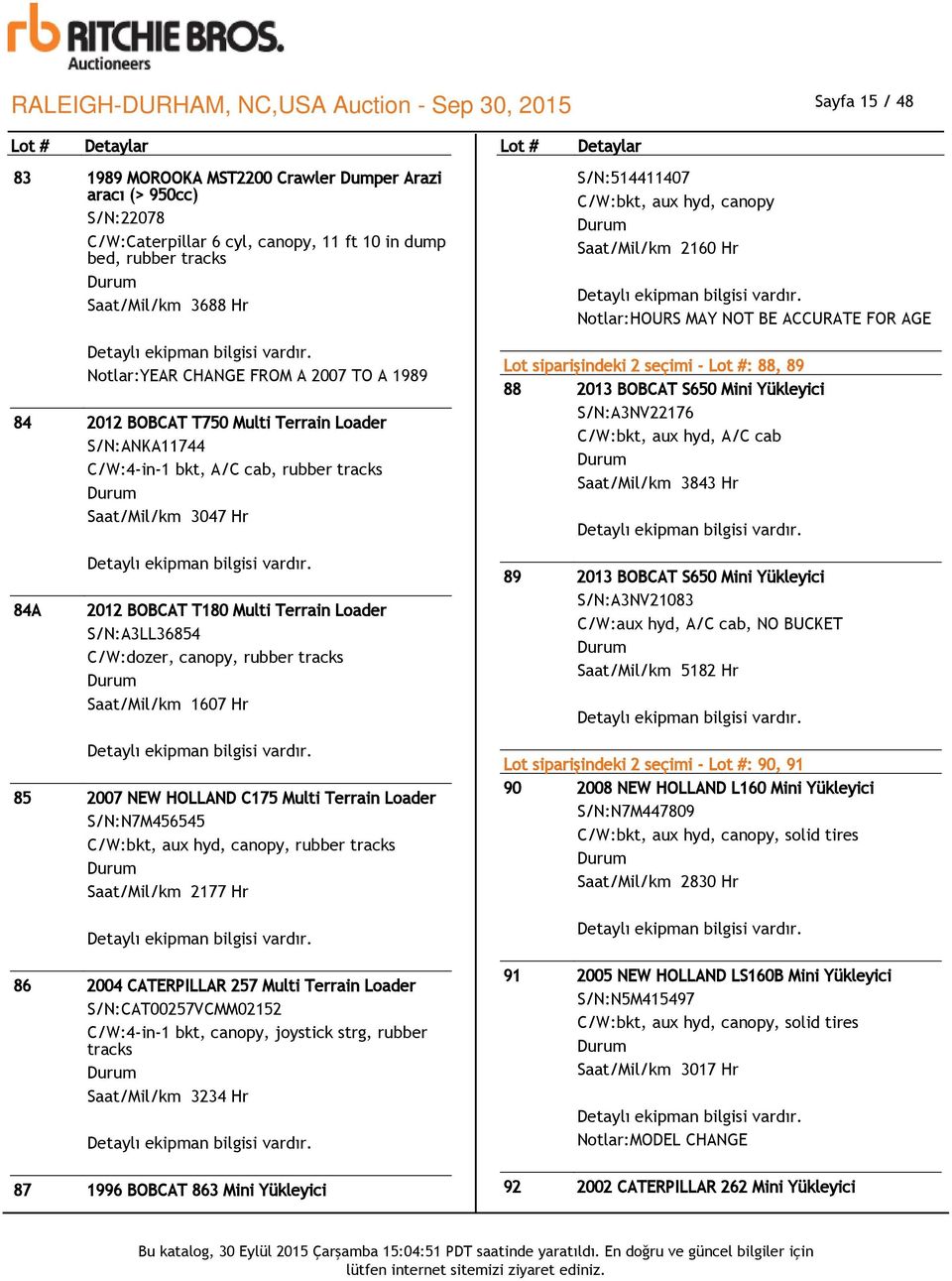 Notlar:HOURS MAY NOT BE ACCURATE FOR AGE Lot siparişindeki 2 seçimi - Lot #: 88, 89 88 2013 BOBCAT S650 Mini Yükleyici S/N:A3NV22176 C/W:bkt, aux hyd, A/C cab Saat/Mil/km 3843 Hr 84A 2012 BOBCAT T180