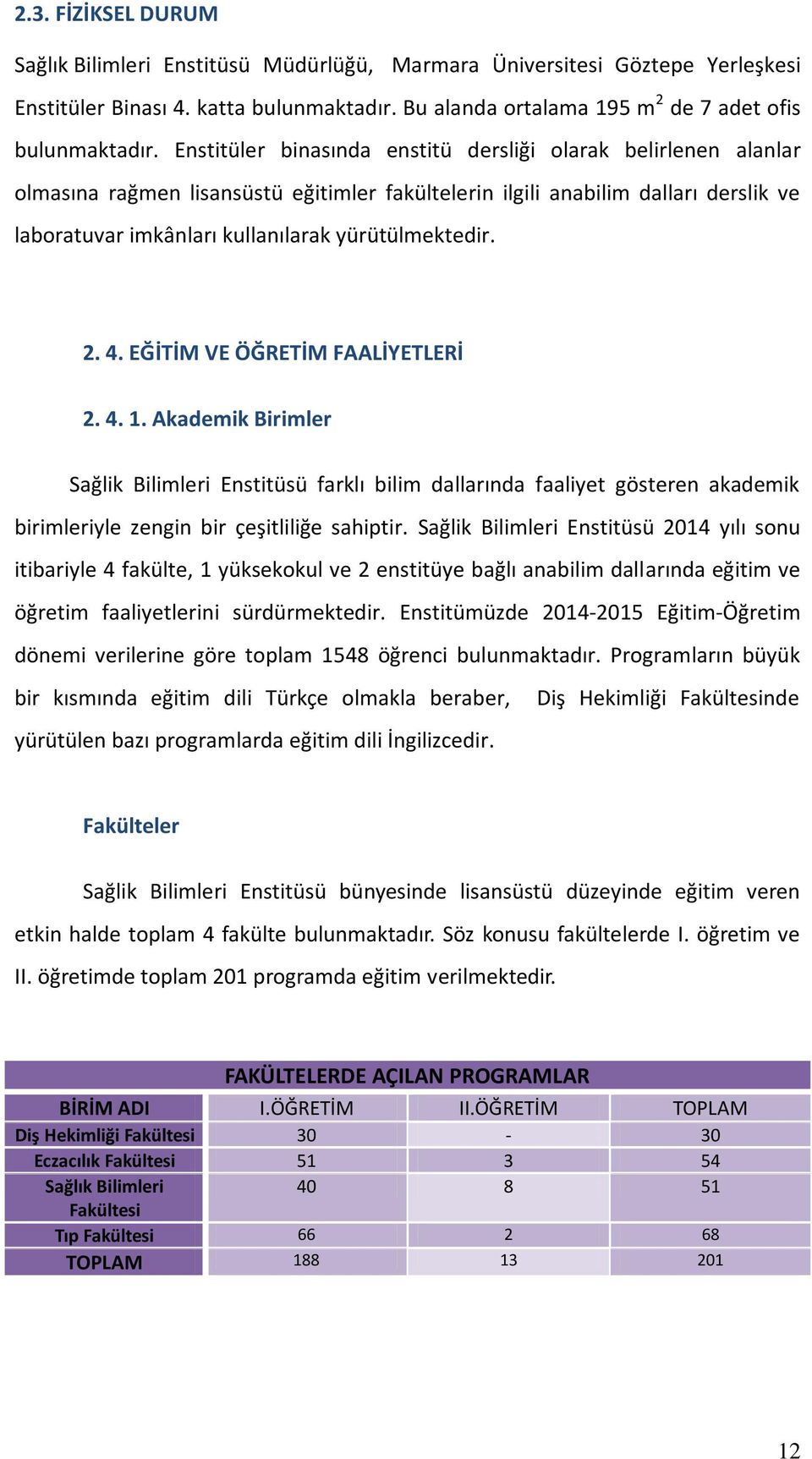 2. 4. EĞİTİM VE ÖĞRETİM FAALİYETLERİ 2. 4. 1. Akademik Birimler Sağlik Bilimleri Enstitüsü farklı bilim dallarında faaliyet gösteren akademik birimleriyle zengin bir çeşitliliğe sahiptir.