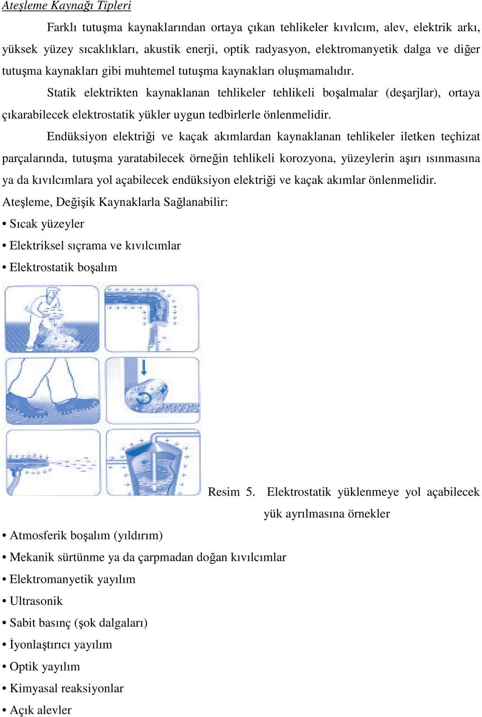 Statik elektrikten kaynaklanan tehlikeler tehlikeli boşalmalar (deşarjlar), ortaya çıkarabilecek elektrostatik yükler uygun tedbirlerle önlenmelidir.