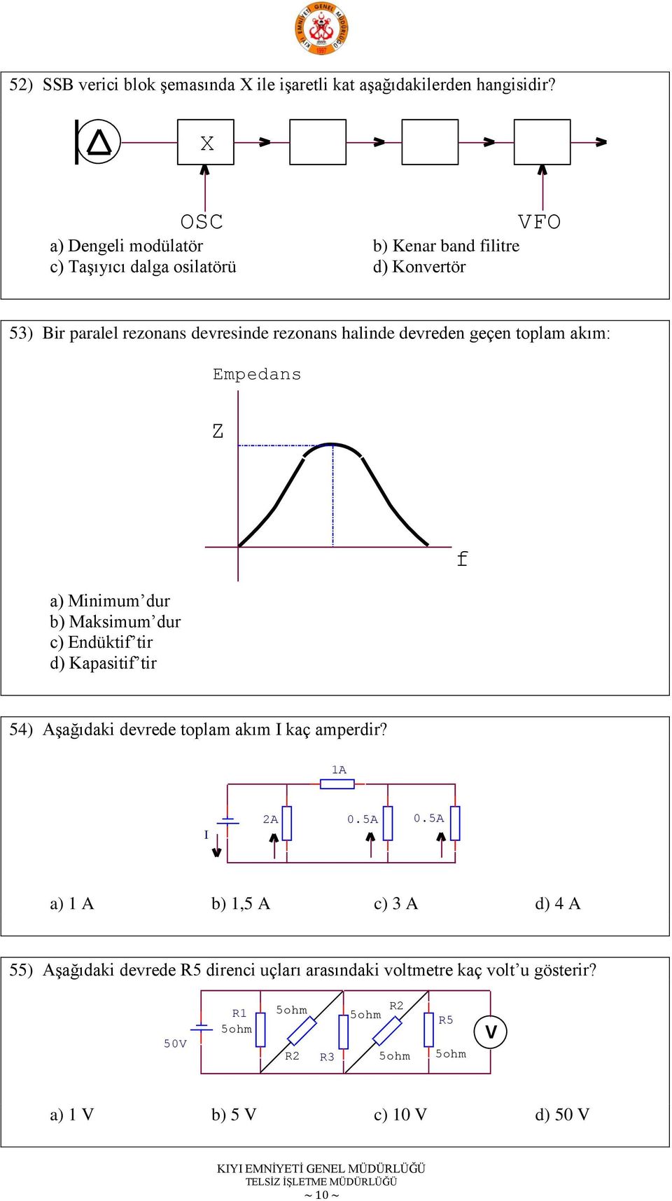 devreden geçen toplam akım: Empedans Z a) Minimum dur b) Maksimum dur c) Endüktif tir d) Kapasitif tir f 54) AĢağıdaki devrede toplam akım I kaç