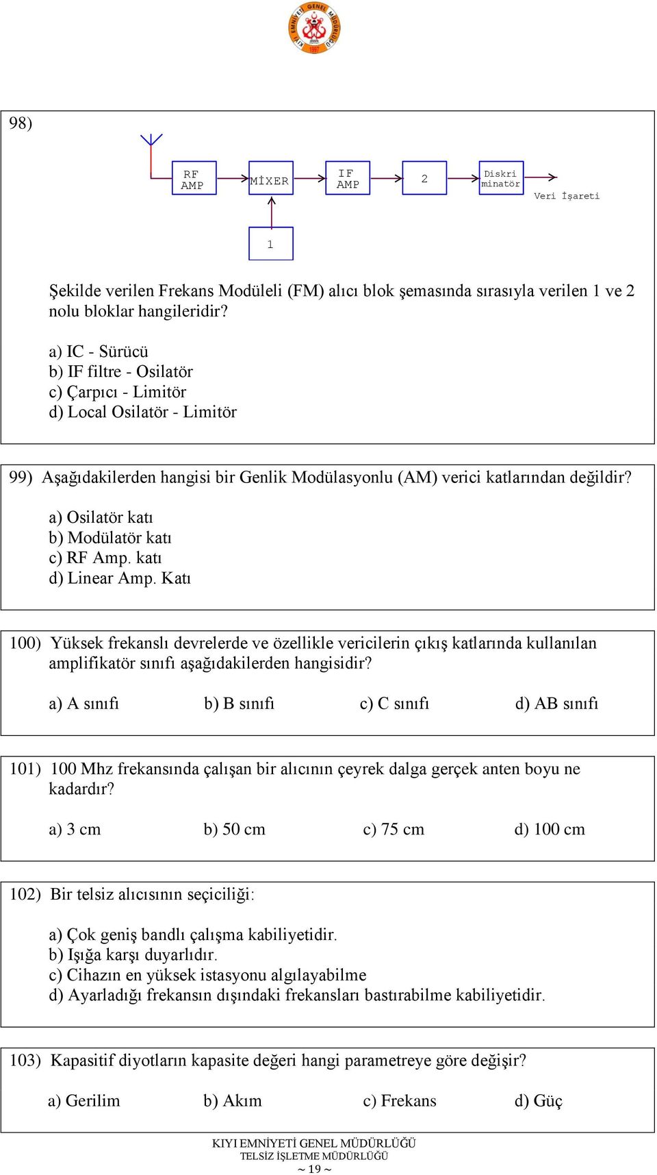 a) Osilatör katı b) Modülatör katı c) RF Amp. katı d) Linear Amp.