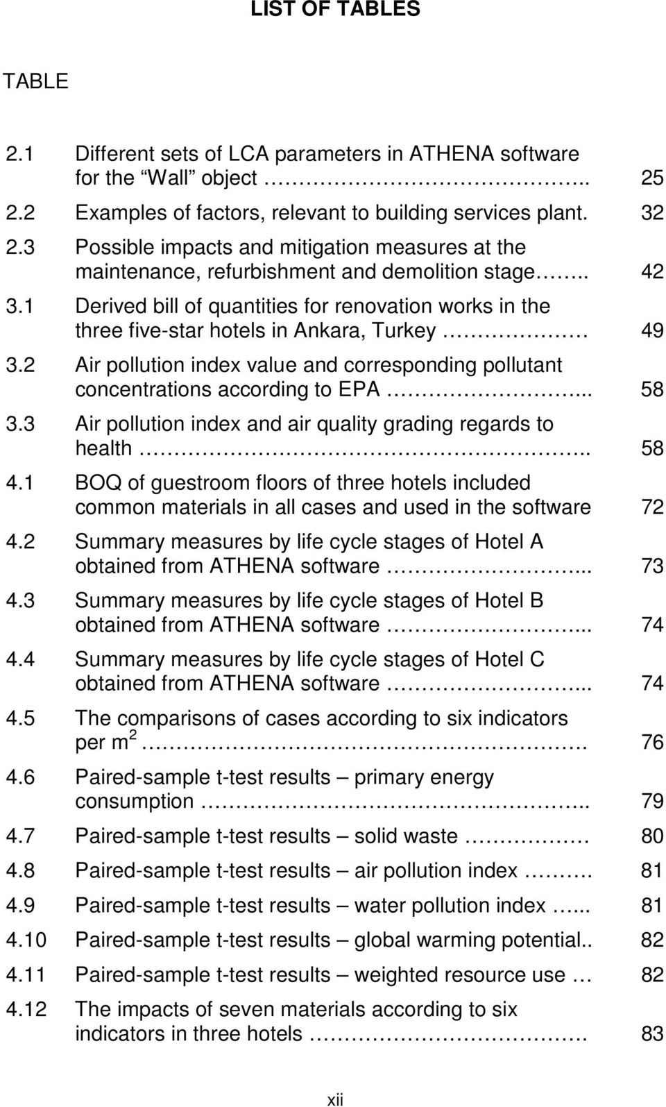 1 Derived bill of quantities for renovation works in the three five-star hotels in Ankara, Turkey 49 3.2 Air pollution index value and corresponding pollutant concentrations according to EPA... 58 3.