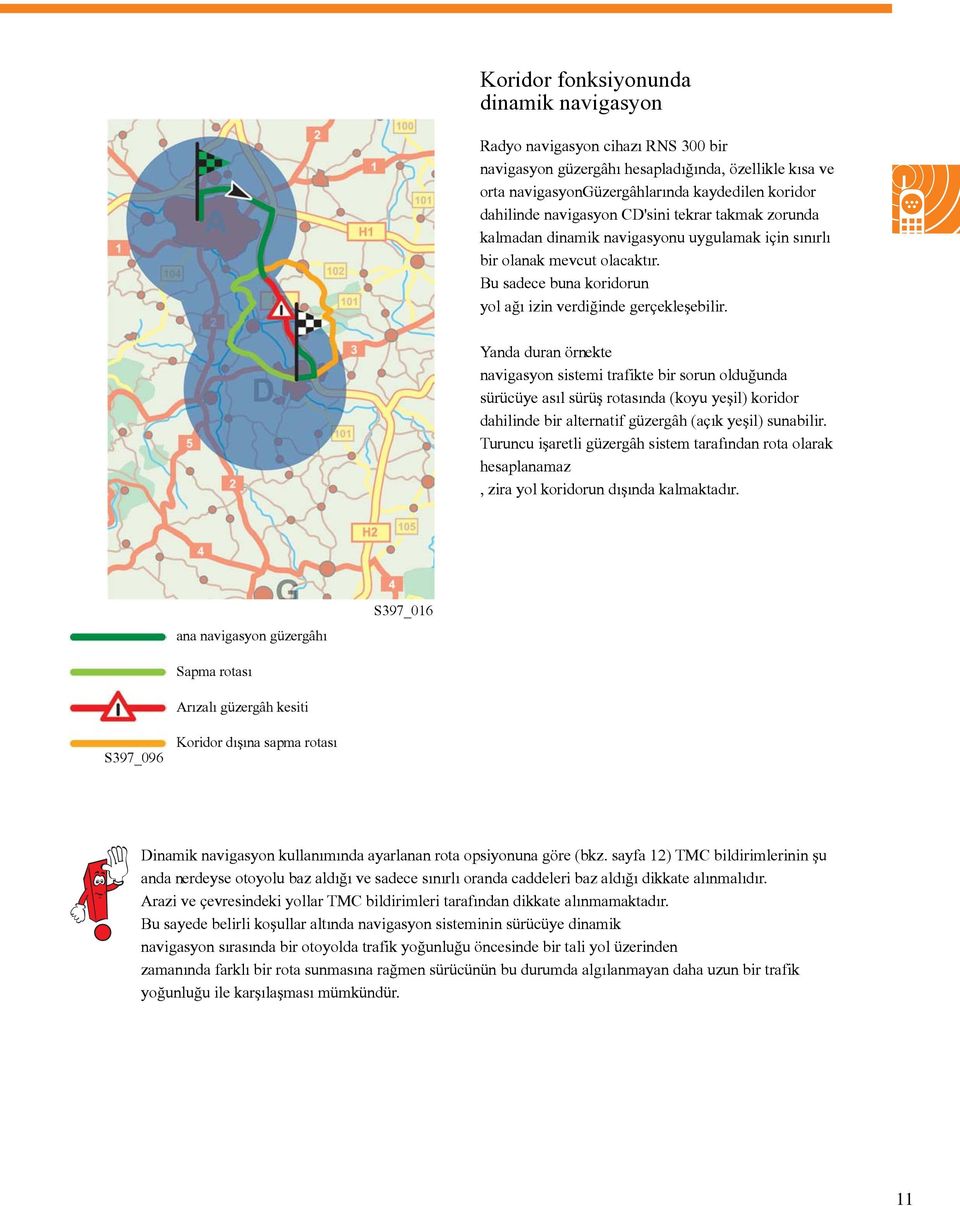 Yanda duran örnekte navigasyon sistemi trafikte bir sorun olduðunda sürücüye asýl sürüþ rotasýnda (koyu yeþil) koridor dahilinde bir alternatif güzergâh (açýk yeþil) sunabilir.