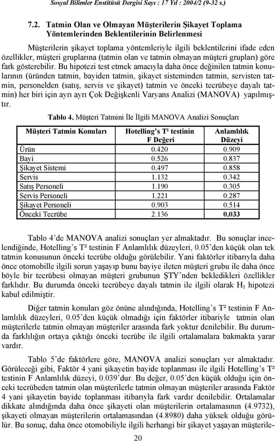 Bu hipotezi test etmek amacıyla daha önce değinilen tatmin konularının (üründen tatmin, bayiden tatmin, şikayet sisteminden tatmin, servisten tatmin, personelden (satış, servis ve şikayet) tatmin ve