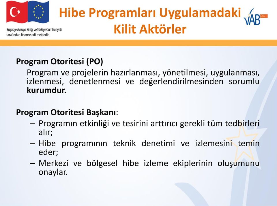 Program Otoritesi Başkanı: Programın etkinliği ve tesirini arttırıcı gerekli tüm tedbirleri alır; Hibe