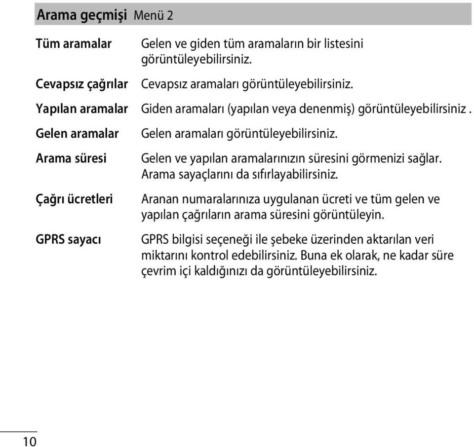 Arama süresi Gelen ve yapılan aramalarınızın süresini görmenizi sağlar. Arama sayaçlarını da sıfırlayabilirsiniz.