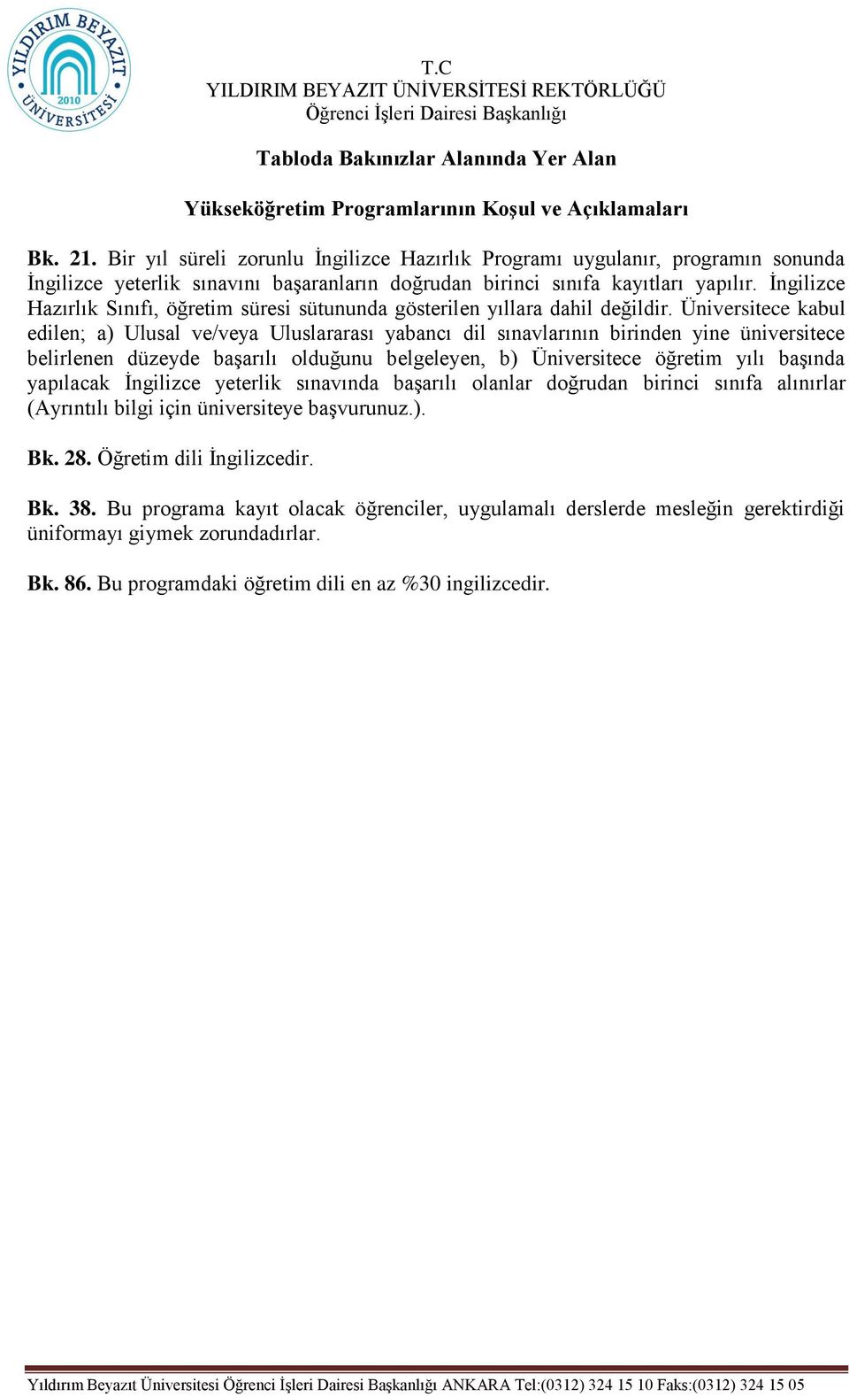 İngilizce Hazırlık Sınıfı, öğretim süresi sütununda gösterilen yıllara dahil değildir.