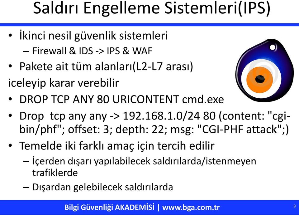 1.0/24 80 (content: "cgibin/phf"; offset: 3; depth: 22; msg: "CGI-PHF attack";) Temelde iki farklı amaç için