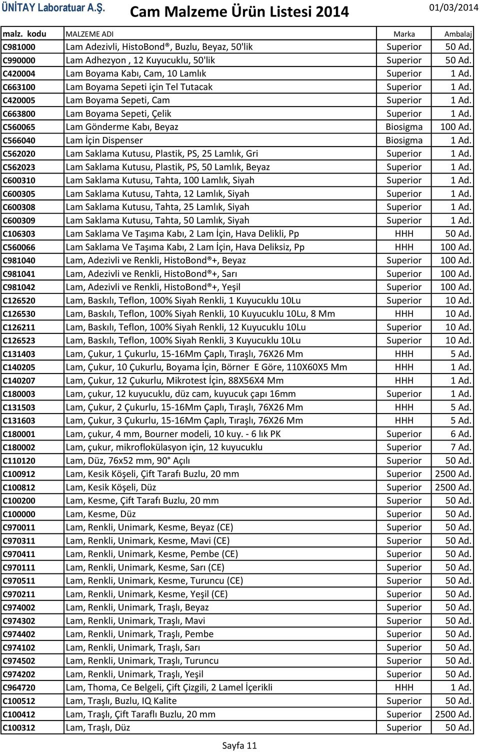 C560065 Lam Gönderme Kabı, Beyaz Biosigma 100 Ad. C566040 Lam İçin Dispenser Biosigma 1 Ad. C562020 Lam Saklama Kutusu, Plastik, PS, 25 Lamlık, Gri Superior 1 Ad.