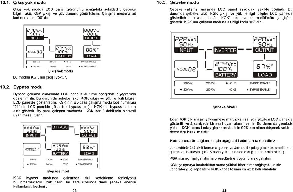 İnverter bloğu, KGK nın İnverter modülünün çalıştığını gösterir. KGK nın çalışma moduna ait bilgi kodu 02 dır. Çıkış yok modu Bu modda KGK nın çıkışı yoktur. 10.2. Bypass modu Bypass çalışma esnasında LCD panelin durumu aşağıdaki diyagramda gösterilmiştir.