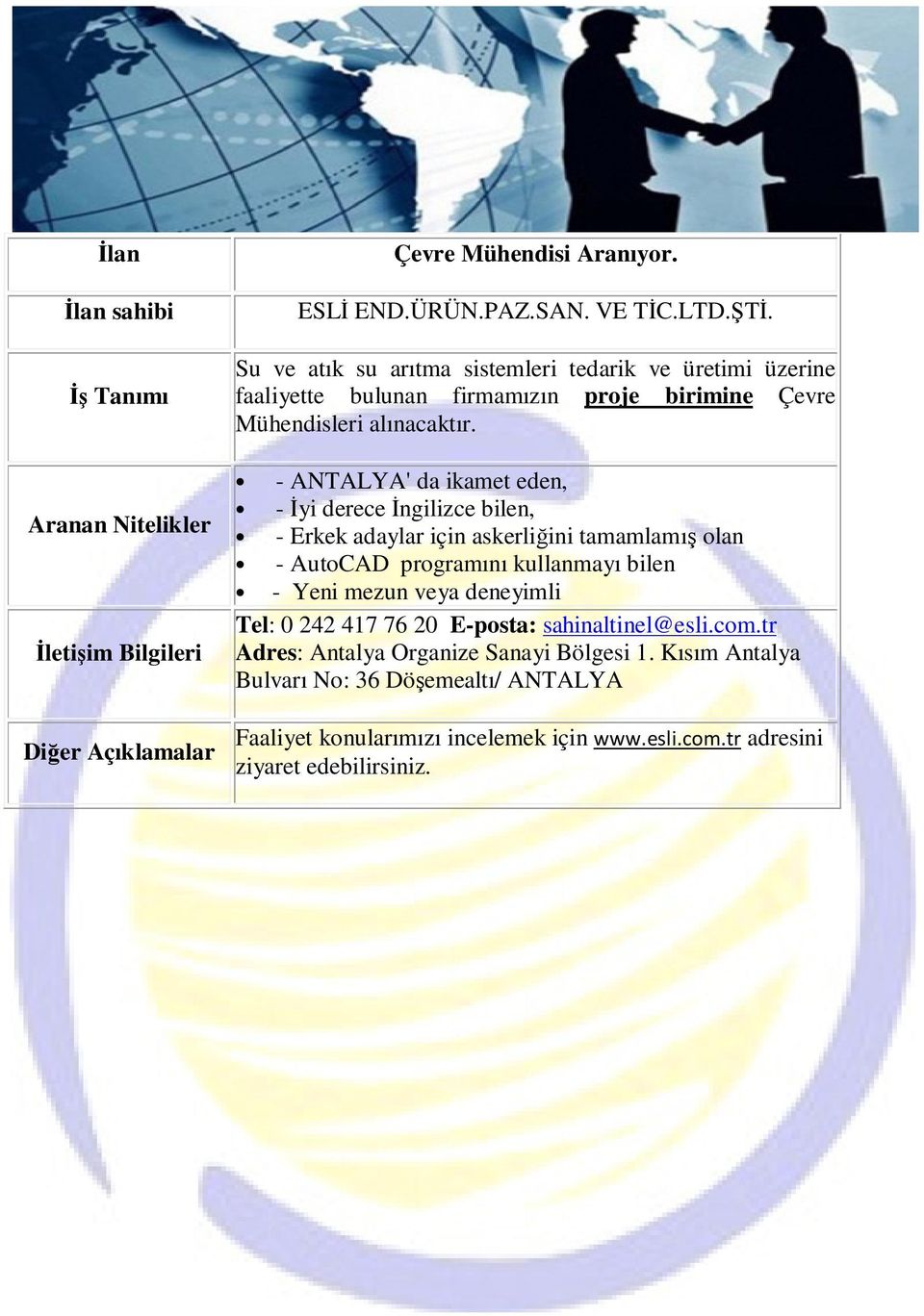 - ANTALYA' da ikamet eden, - Đyi derece Đngilizce bilen, - Erkek adaylar için askerliğini tamamlamış olan - AutoCAD programını kullanmayı bilen - Yeni