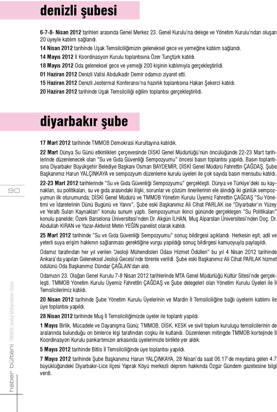 18 Mayıs 2012 Oda geleneksel gece ve yemeği 200 kişinin katılımıyla gerçekleştirildi. 01 Haziran 2012 Denizli Valisi Abdulkadir Demir odamızı ziyaret etti.