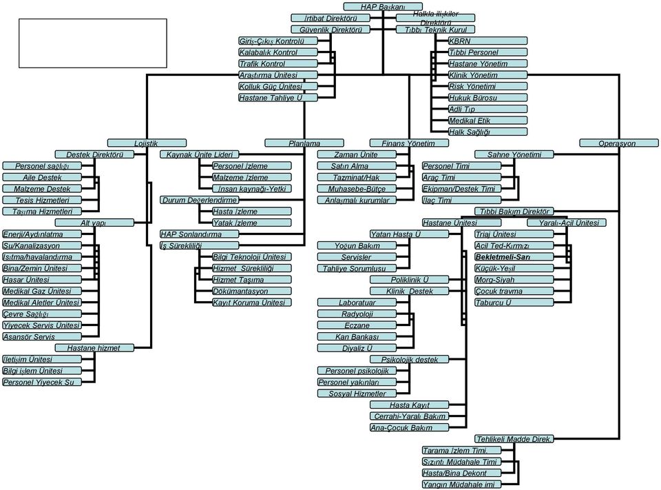 Hastane hizmet HAP Başkanı Halkla ilişkiler İrtibat Direktörü Direktörü Güvenlik Direktörü Tıbbı Teknik Kurul Lojistik Planlama Finans Yönetim Kaynak Ünite Lideri Durum Değerlendirme HAP Sonlandırma