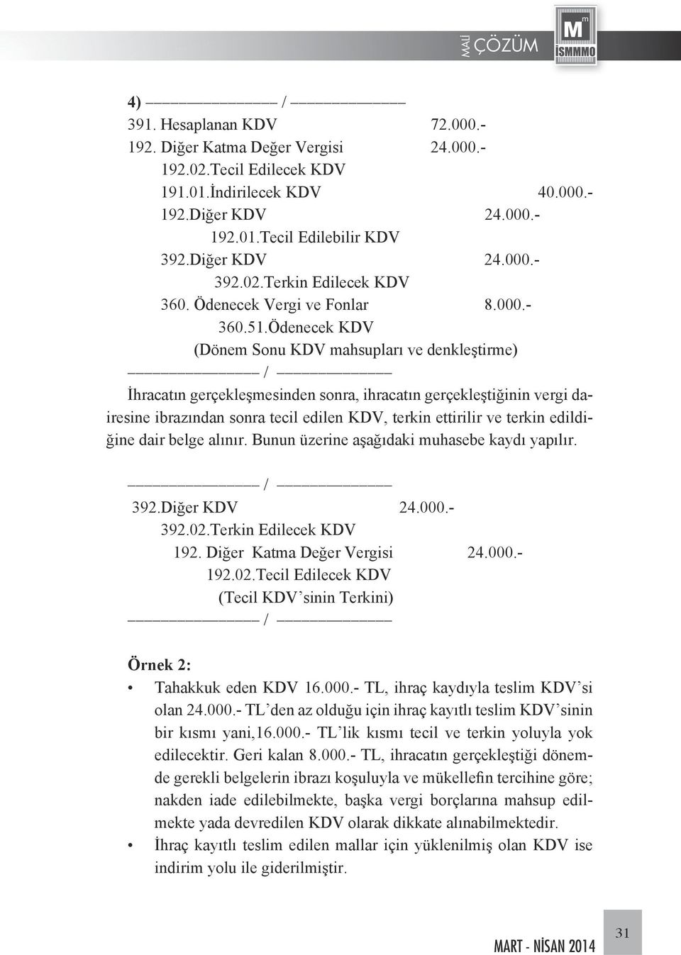 Ödenecek KDV (Dönem Sonu KDV mahsupları ve denkleştirme) / İhracatın gerçekleşmesinden sonra, ihracatın gerçekleştiğinin vergi dairesine ibrazından sonra tecil edilen KDV, terkin ettirilir ve terkin