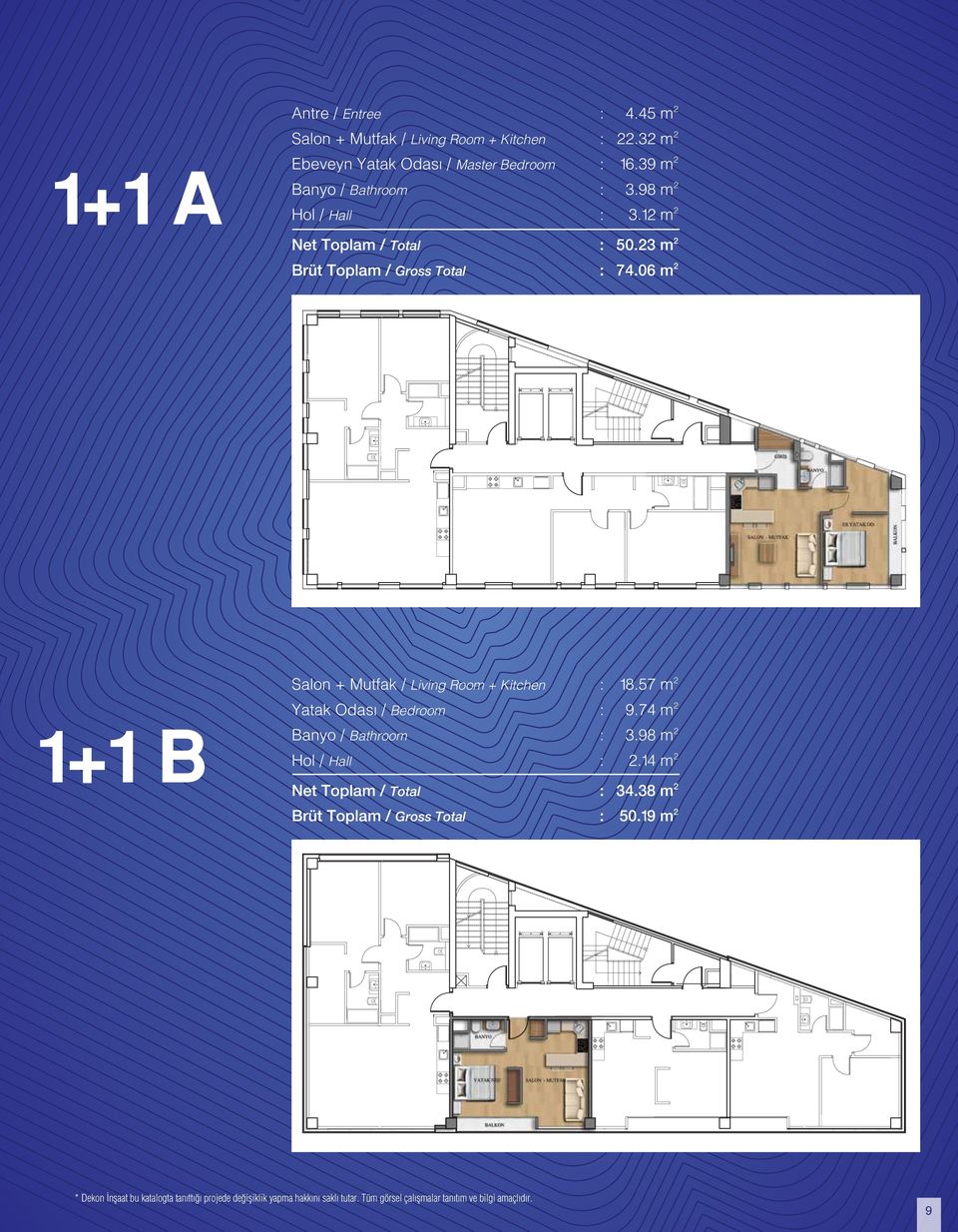 06 m 2 1+1 B Salon + Mutfak / Living Room + Kitchen : 18.57 m 2 Yatak Odası / Bedroom : 9.74 m 2 Banyo / Bathroom : 3.98 m 2 Hol / Hall : 2.
