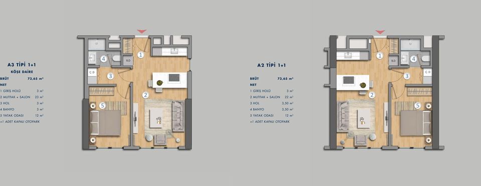 otopark A2 TİPİ 1+1 BRÜT 73,65 m 2 NET 1 GİRİŞ HOLÜ 3 m 2 2 MUTFAK + SALON