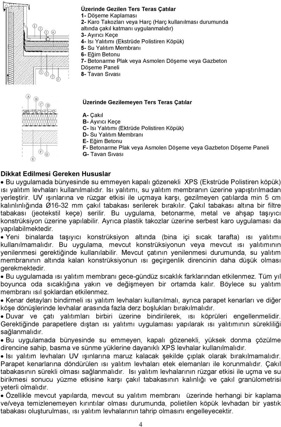 Keçe C- Isı Yalıtımı (Ektrüde Polistiren Köpük) D- Su Yalıtım Membranı E- Eğim Betonu F- Betonarme Plak veya Asmolen Döşeme veya Gazbeton Döşeme Paneli G- Tavan Sıvası Dikkat Edilmesi Gereken