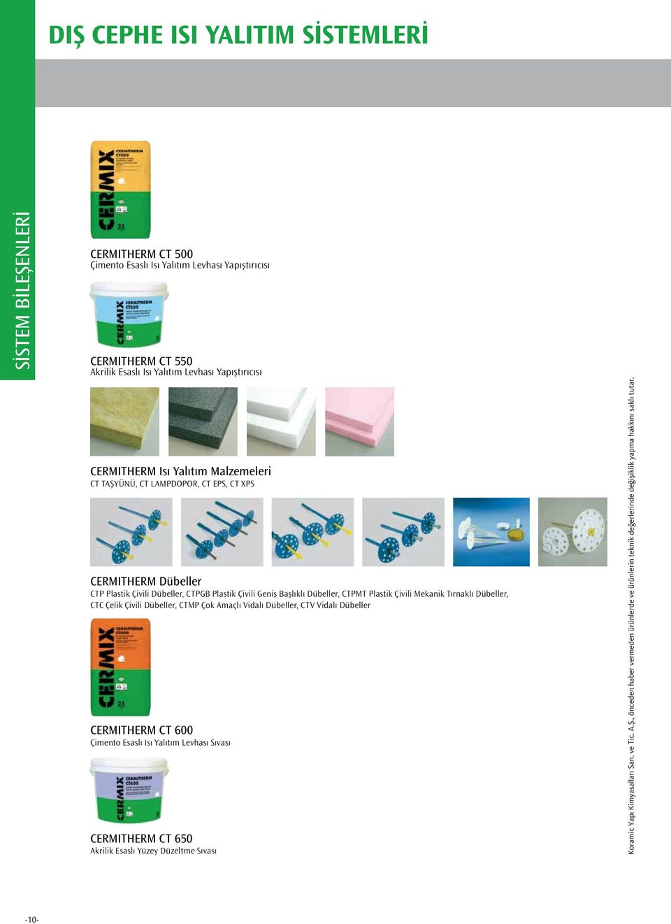 Tırnaklı Dübeller, CTC Çelik Çivili Dübeller, CTMP Çok Amaçlı Vidalı Dübeller, CTV Vidalı Dübeller CERMITHERM CT 600 Çimento Esaslı Isı Yalıtım Levhası Sıvası CERMITHERM CT 650