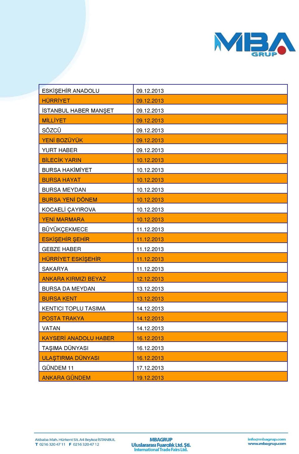 12.2013 HÜRRİYET ESKİŞEHİR 11.12.2013 SAKARYA 11.12.2013 ANKARA KIRMIZI BEYAZ 12.12.2013 BURSA DA MEYDAN 13.12.2013 BURSA KENT 13.12.2013 KENTICI TOPLU TASIMA 14.12.2013 POSTA TRAKYA 14.12.2013 VATAN 14.