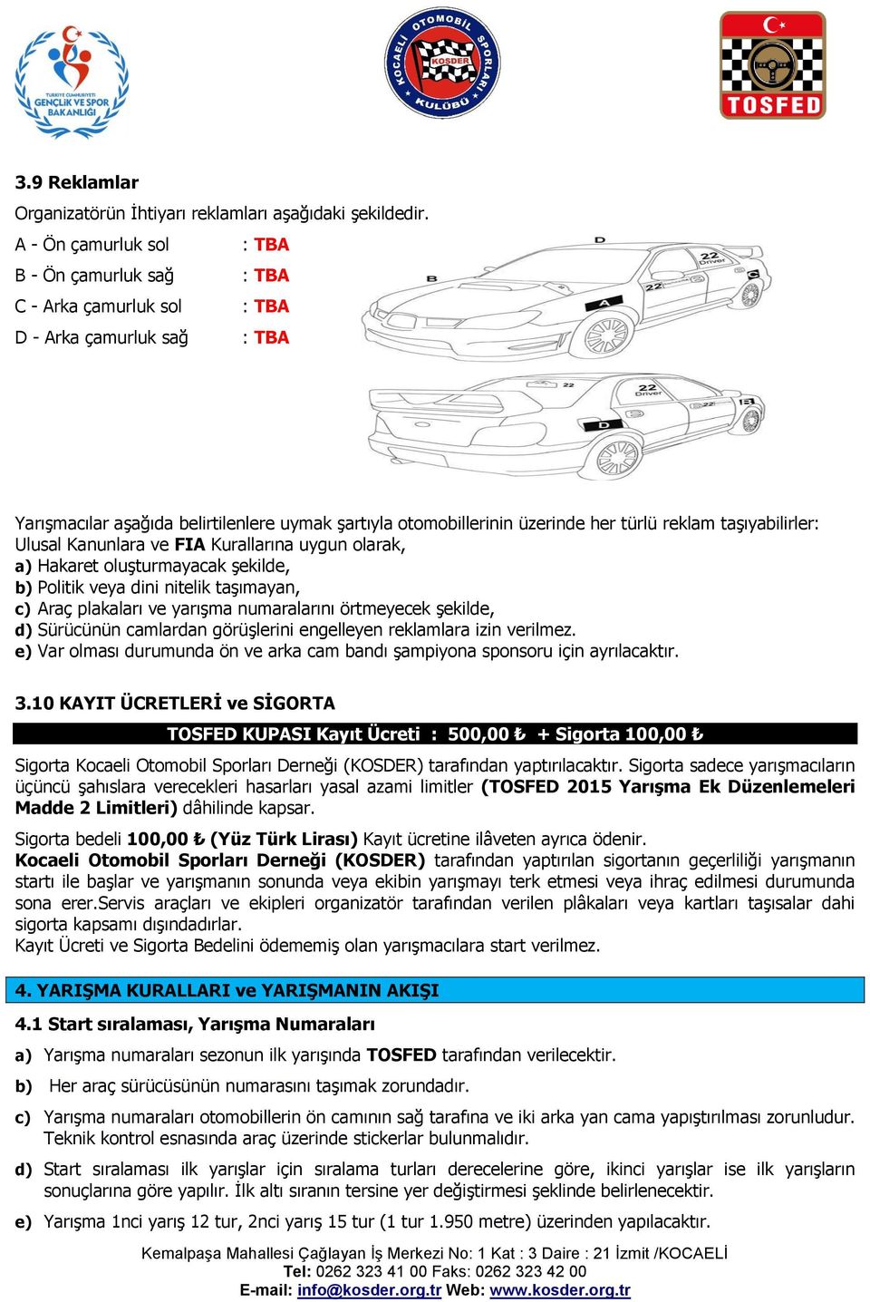 reklam taşıyabilirler: Ulusal Kanunlara ve FIA Kurallarına uygun olarak, a) Hakaret oluşturmayacak şekilde, b) Politik veya dini nitelik taşımayan, c) Araç plakaları ve yarışma numaralarını