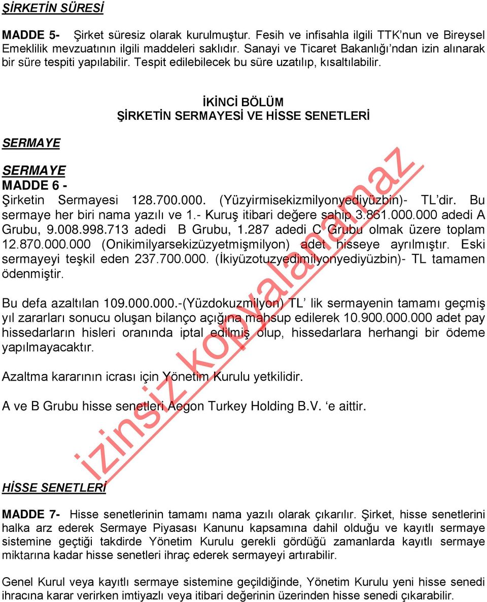 SERMAYE İKİNCİ BÖLÜM ŞİRKETİN SERMAYESİ VE HİSSE SENETLERİ SERMAYE MADDE 6 - Şirketin Sermayesi 128.700.000. (Yüzyirmisekizmilyonyediyüzbin)- TL dir. Bu sermaye her biri nama yazılı ve 1.