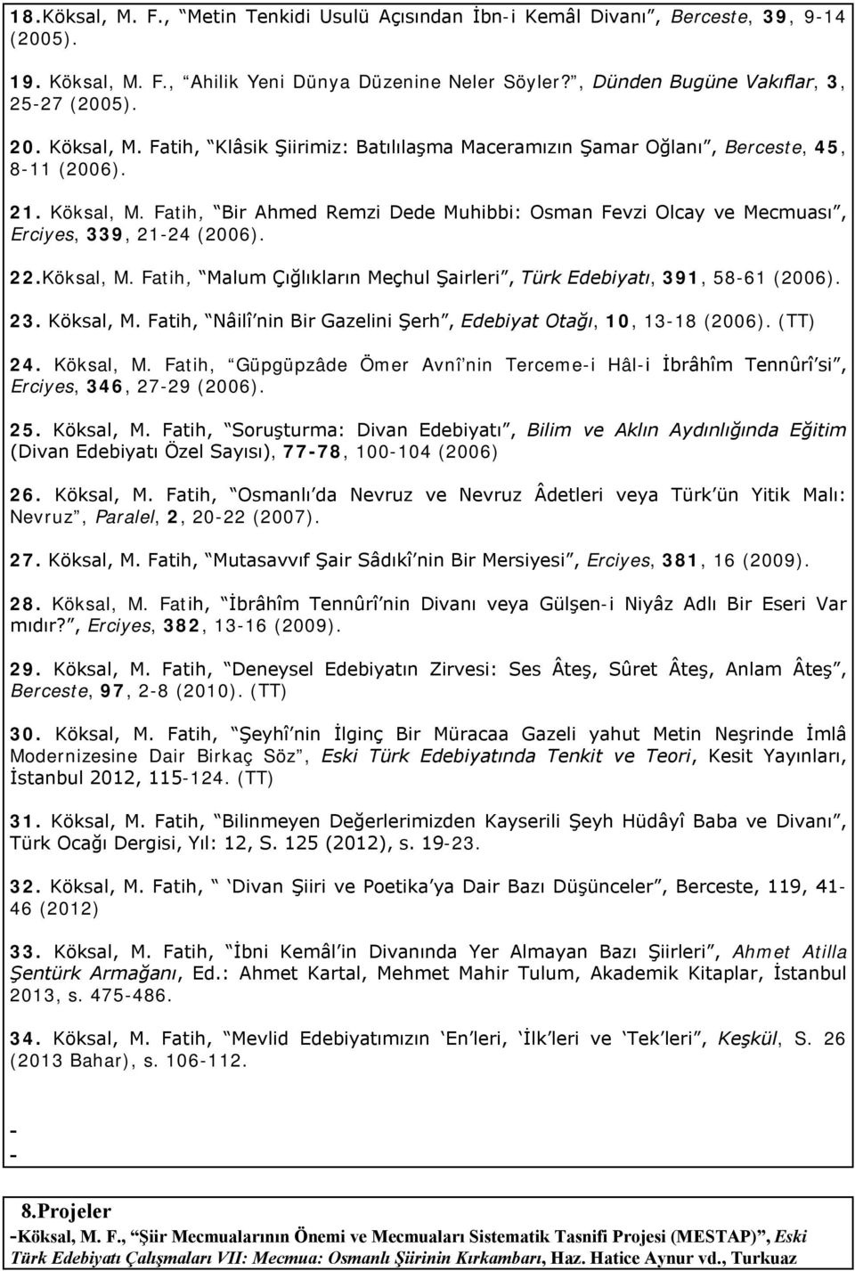 Fatih, Bir Ahmed Remzi Dede Muhibbi: Osman Fevzi Olcay ve Mecmuası, Erciyes, 339, 2124 (2006). 22.Köksal, M. Fatih, Malum Çığlıkların Meçhul Şairleri, Türk Edebiyatı, 391, 5861 (2006). 23. Köksal, M.