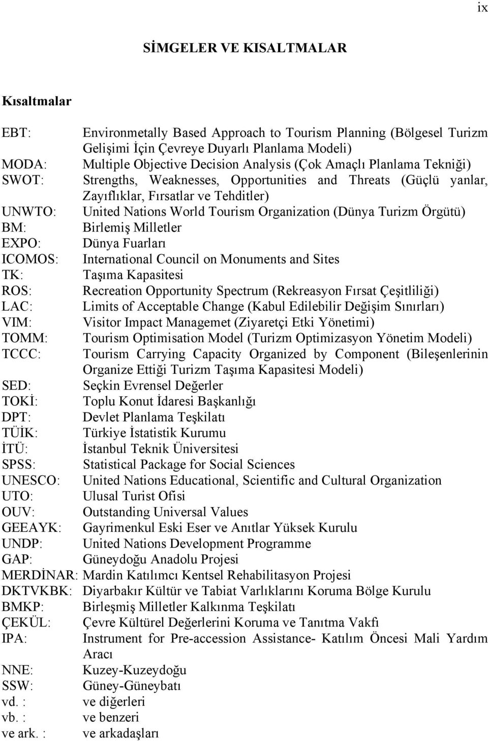 (Dünya Turizm Örgütü) BM: Birlemiş Milletler EXPO: Dünya Fuarları ICOMOS: International Council on Monuments and Sites TK: Taşıma Kapasitesi ROS: Recreation Opportunity Spectrum (Rekreasyon Fırsat