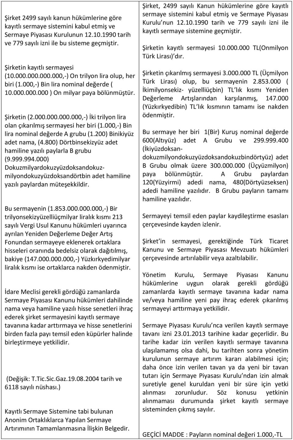 000,-) Bin lira nominal değerde A grubu (1.200) Binikiyüz adet nama, (4.800) Dörtbinsekizyüz adet hamiline yazılı paylarla B grubu (9.999.994.