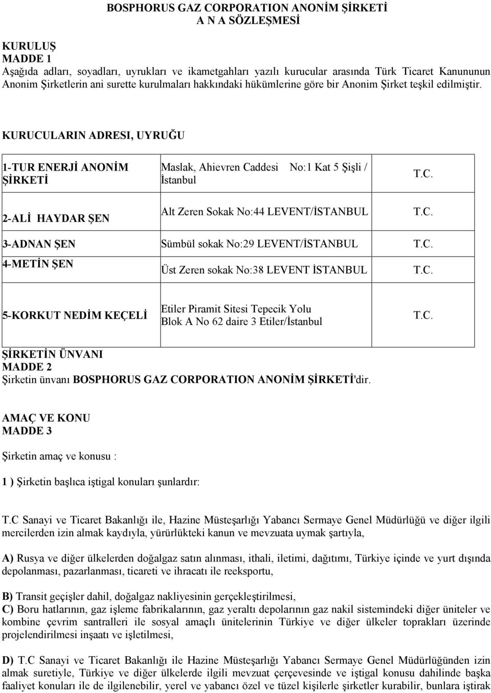 C. 3-ADNAN ŞEN Sümbül sokak No:29 LEVENT/İSTANBUL T.C. 4-METİN ŞEN Üst Zeren sokak No:38 LEVENT İSTANBUL T.C. 5-KORKUT NEDİM KEÇELİ Etiler Piramit Sitesi Tepecik Yolu Blok A No 62 daire 3 Etiler/İstanbul T.