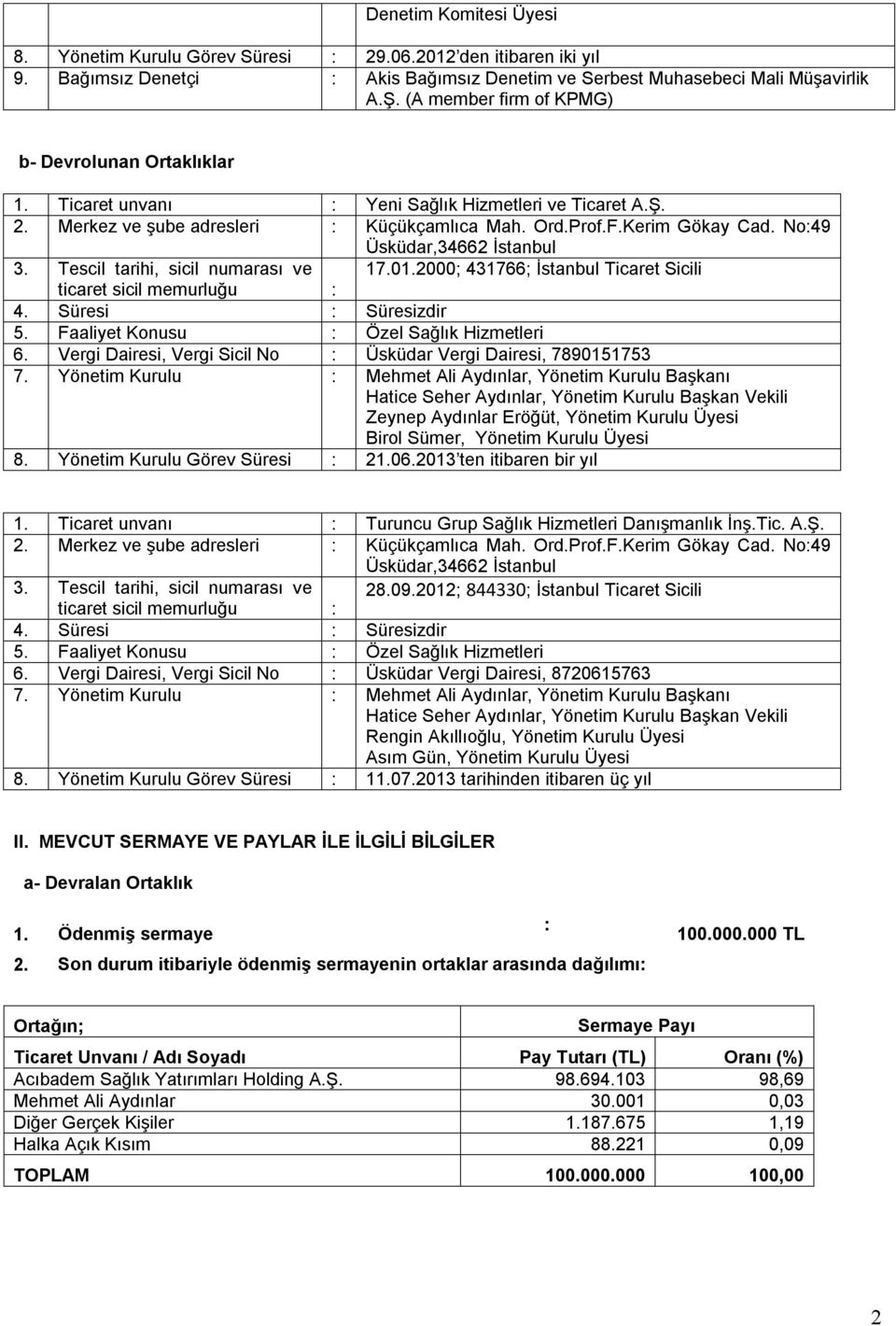 No:49 Üsküdar,34662 İstanbul 3. Tescil tarihi, sicil numarası ve 17.01.2000; 431766; İstanbul Ticaret Sicili ticaret sicil memurluğu : 4. Süresi : Süresizdir 5.