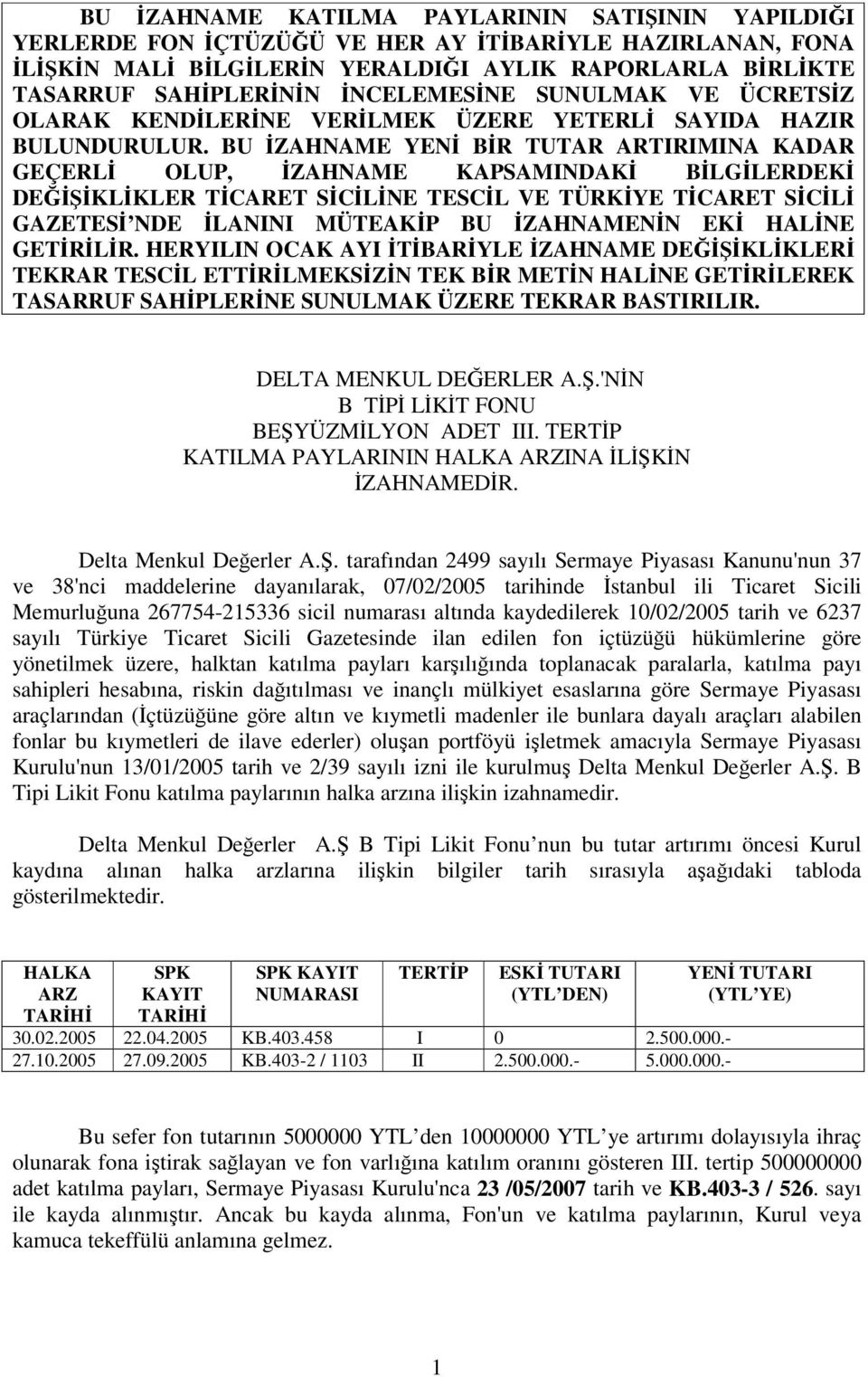 BU ZAHNAME YEN BR TUTAR ARTIRIMINA KADAR GEÇERL OLUP, ZAHNAME KAPSAMINDAK BLGLERDEK DEKLKLER TCARET SCLNE TESCL VE TÜRKYE TCARET SCL GAZETES NDE LANINI MÜTEAKP BU ZAHNAMENN EK HALNE GETRLR.