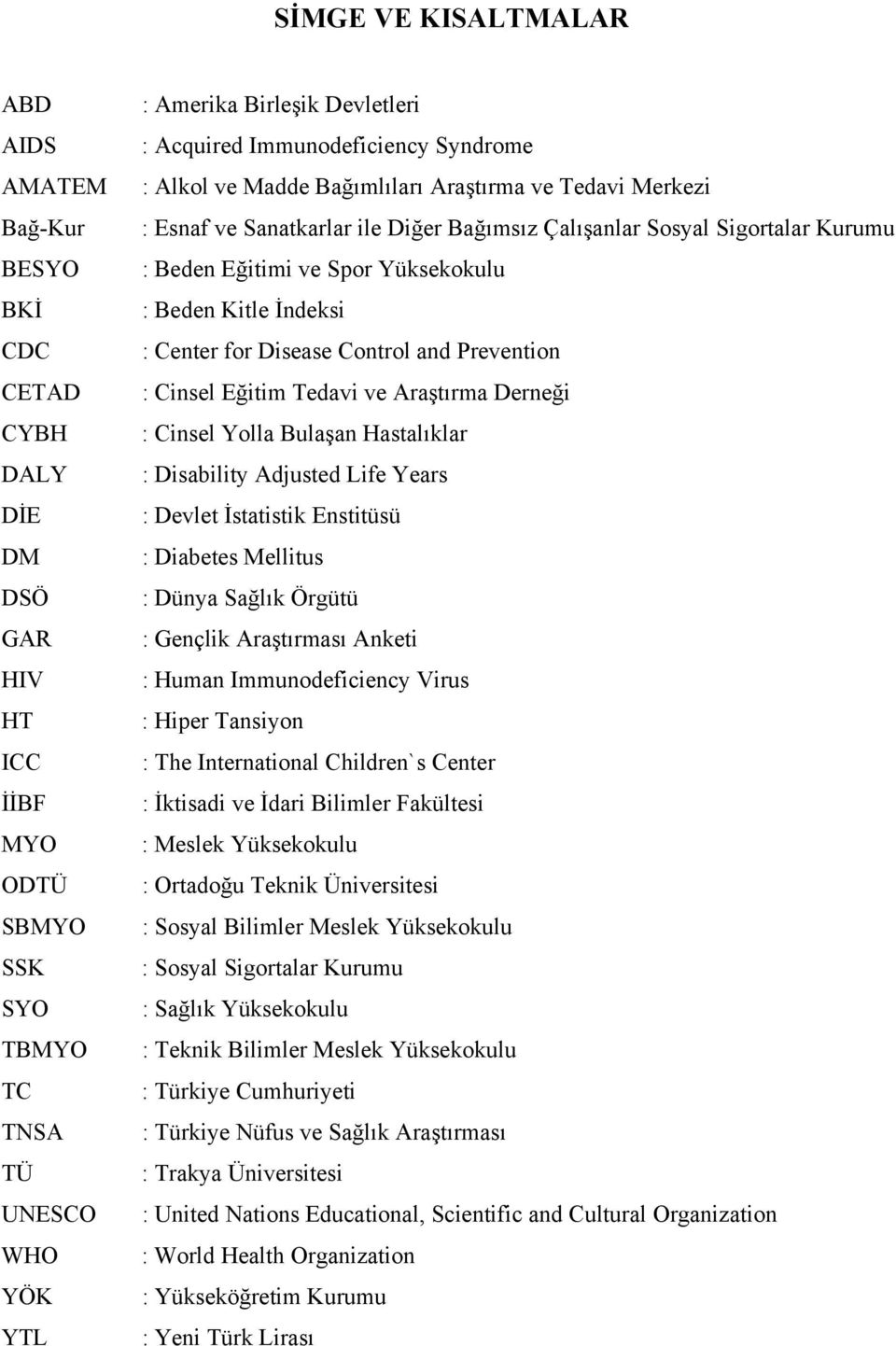 Yüksekokulu : Beden Kitle İndeksi : Center for Disease Control and Prevention : Cinsel Eğitim Tedavi ve Araştırma Derneği : Cinsel Yolla Bulaşan Hastalıklar : Disability Adjusted Life Years : Devlet