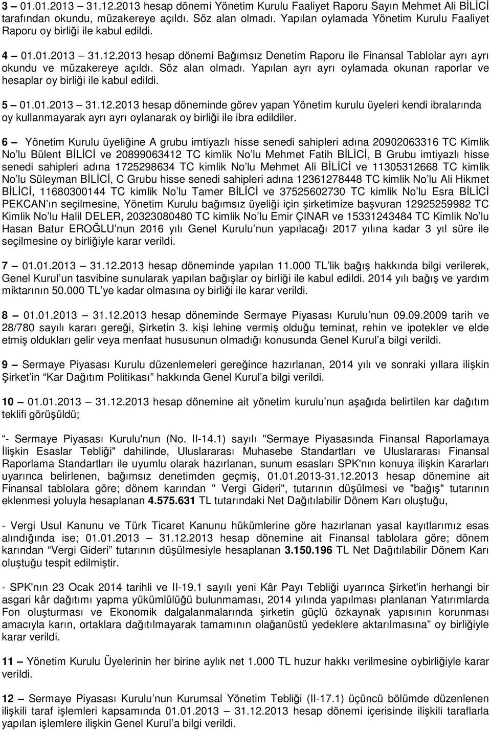 Söz alan olmadı. Yapılan ayrı ayrı oylamada okunan raporlar ve hesaplar oy birliği ile kabul edildi. 5 01.01.2013 31.12.