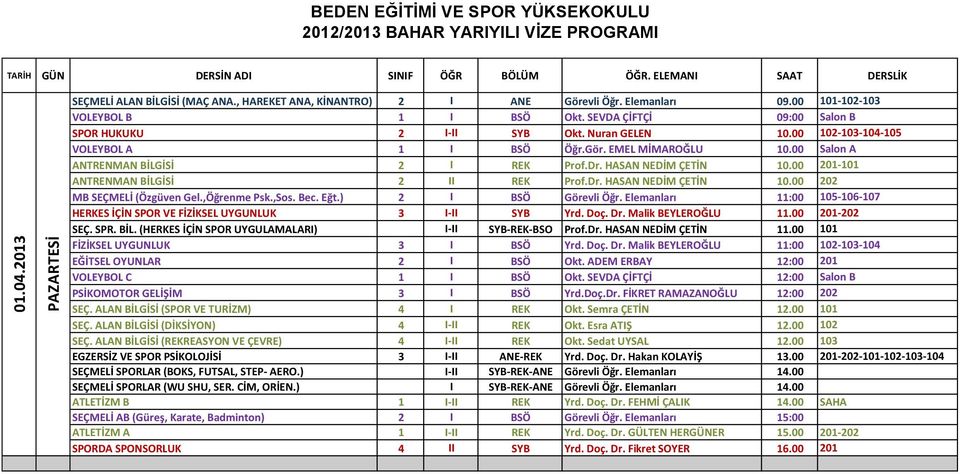 00 102-103-104-105 VOLEYBOL A 1 I BSÖ Öğr.Gör. EMEL MİMAROĞLU 10.00 Salon A ANTRENMAN BİLGİSİ 2 I REK Prof.Dr. HASAN NEDİM ÇETİN 10.00 201-101 ANTRENMAN BİLGİSİ 2 II REK Prof.Dr. HASAN NEDİM ÇETİN 10.00 202 MB SEÇMELİ (Özgüven Gel.