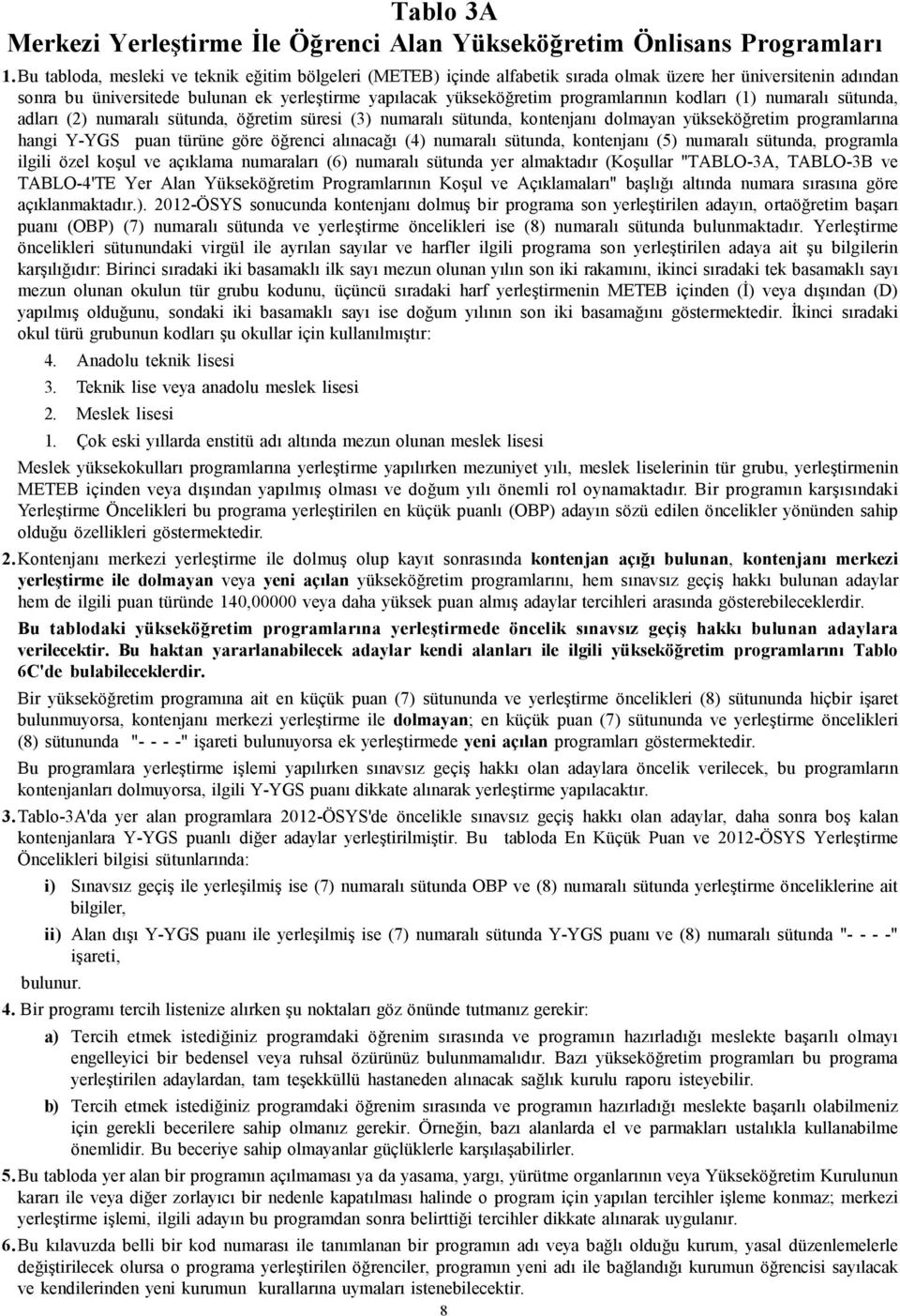 programlarının kodları (1) numaralı sütunda, adları (2) numaralı sütunda, öğretim süresi (3) numaralı sütunda, kontenjanı dolmayan yükseköğretim programlarına hangi Y-YGS puan türüne göre öğrenci