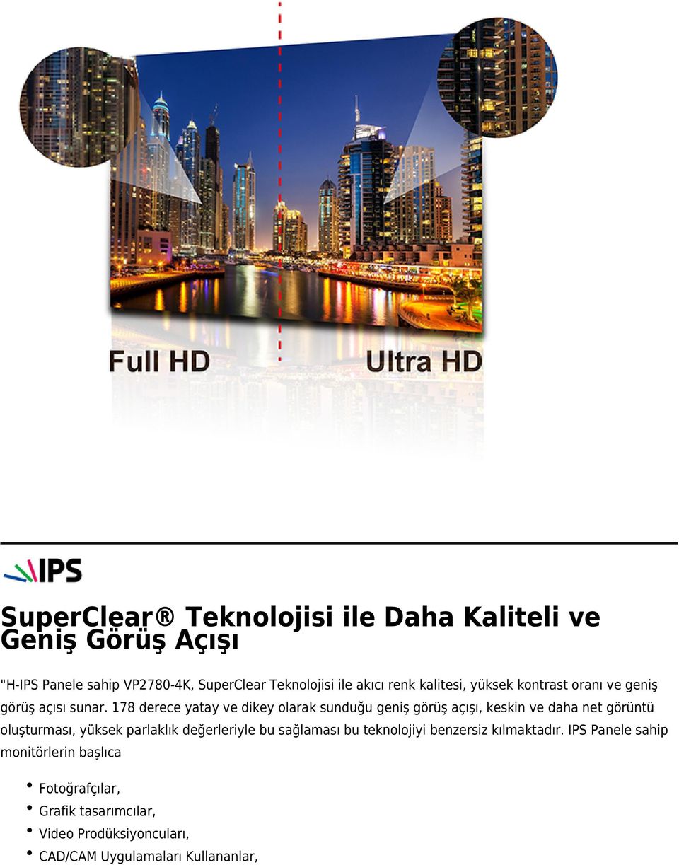 178 derece yatay ve dikey olarak sunduğu geniş görüş açışı, keskin ve daha net görüntü oluşturması, yüksek parlaklık