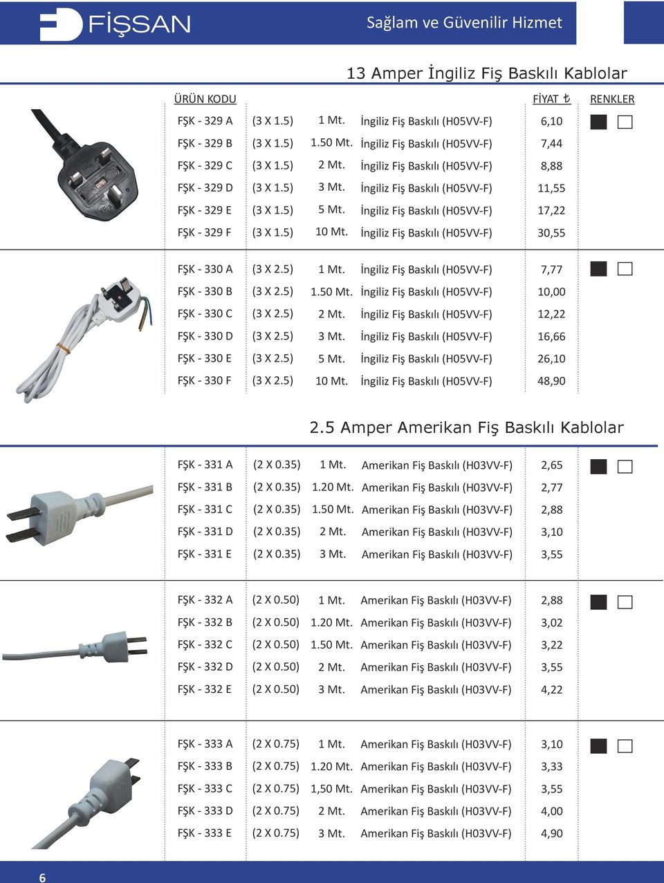 5 Amper Amerikan Fiş Baskılı Kablolar FŞK - 331 A 2,65 FŞK - 331 B 2,77 FŞK - 331 C 2,88 FŞK - 331 D 3,10 FŞK - 331 E 3,55 FŞK - 332 A