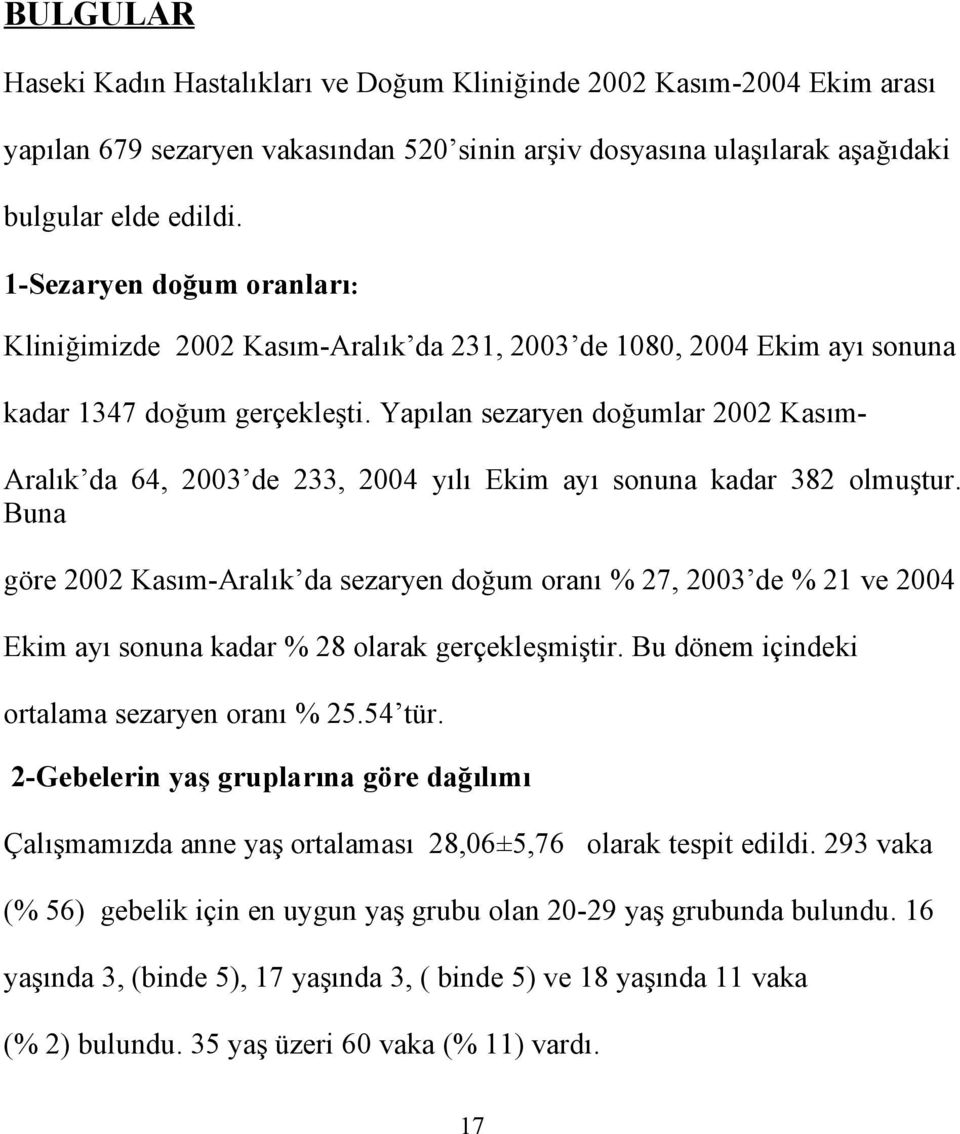 Yapılan sezaryen doğumlar 2002 Kasım- Aralık da 64, 2003 de 233, 2004 yılı Ekim ayı sonuna kadar 382 olmuştur.