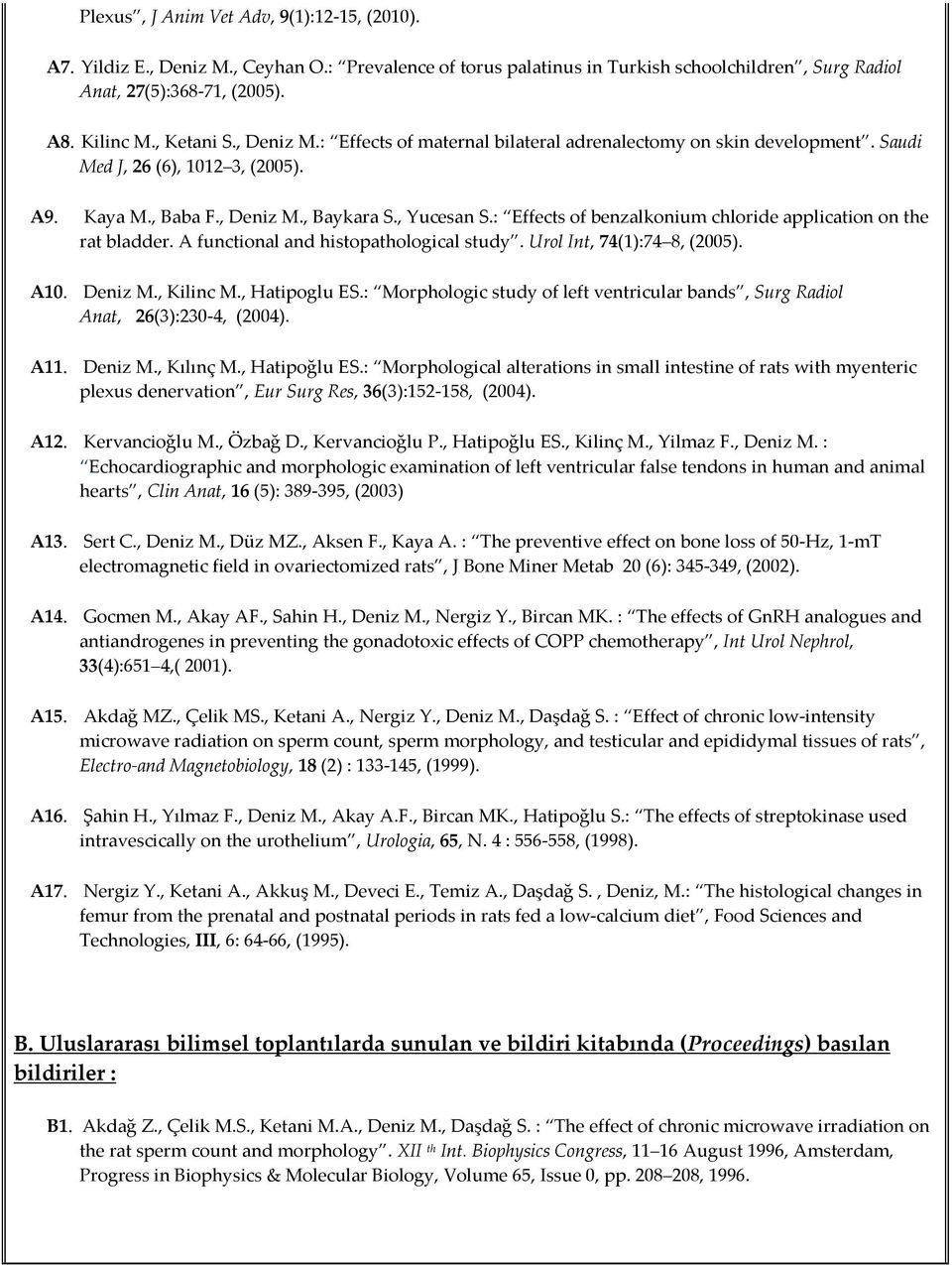 : Effects of benzalkonium chloride application on the rat bladder. A functional and histopathological study. Urol Int, 74(1):74 8, (2005). A10. Deniz M., Kilinc M., Hatipoglu ES.